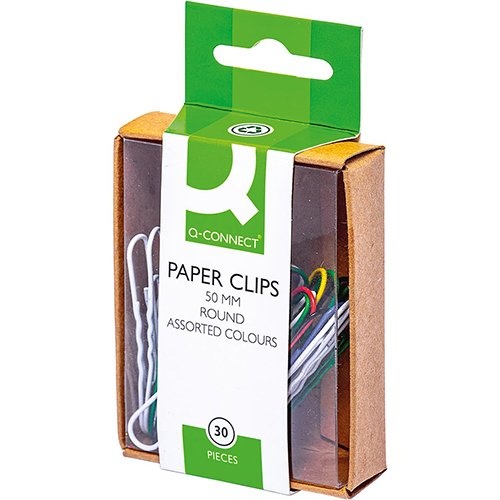 Q-CONNECT Q-CONNECT papierklemmen, 50 mm, gekleurd, doos van 30 stuks, ophangbaar