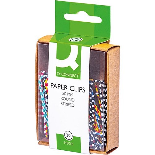 Q-CONNECT Q-CONNECT papierklemmen, 50 mm, doos van 30 stuks, gestreept in wit en geassorteerde kleuren