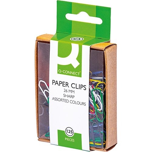 Q-CONNECT Q-CONNECT papierklemmen, 26 mm, gekleurd, doos van 125 stuks, ophangbaar