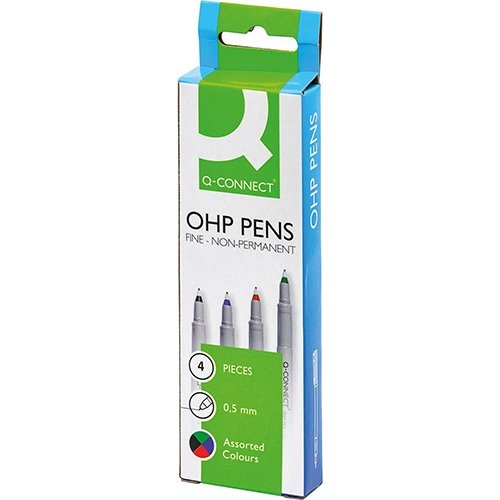 Q-CONNECT Q-CONNECT OHP marker, non permanent, fijn, set van 4 stuks in geassorteerde kleuren