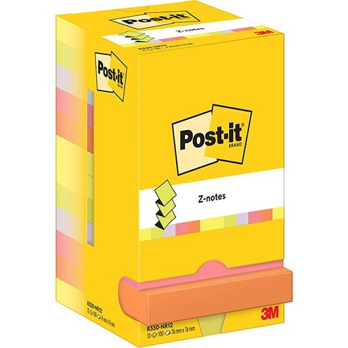 Post-It Z-Notes Post-it Z-notes, 100 vel, ft 76 x 76 mm, pak van 12 blokken, assorti neonkleuren