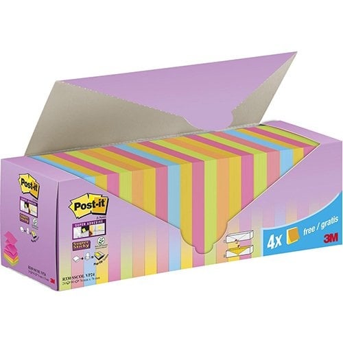 Post-It Super Sticky Post-it Super Sticky Z-Notes assorti, 90 vel, ft 76 x 76 mm, 20 + 4 GRATIS