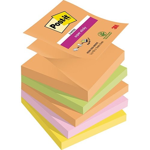 Post-It Super Sticky Post-it Super Sticky Z-notes Boost, 90 vel, ft 76 x 76 mm, geassorteerde kleuren, pak van 5 blokken