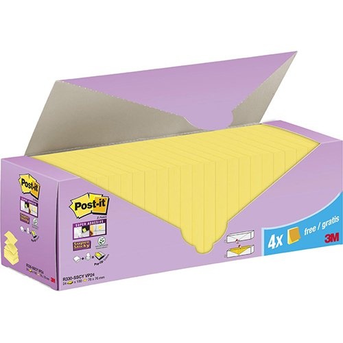 Post-It Super Sticky Post-it Super Sticky Z-notes, 90 vel, ft 76 x 76 mm, doos van 20 + 4 gratis, geel