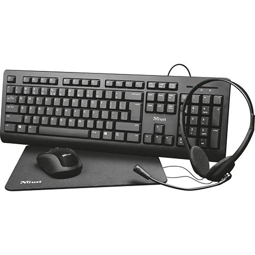 Trust Trust Primo 4-in-1 Home Office Set met headset, toetsenbord (qwerty), muis en muismat