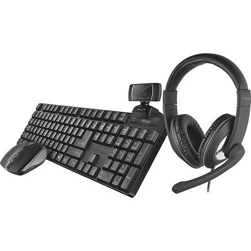 Trust Trust Qoby 4-in-1 Home Office Set met Webcam, headset, toetsenbord (azerty) en muis