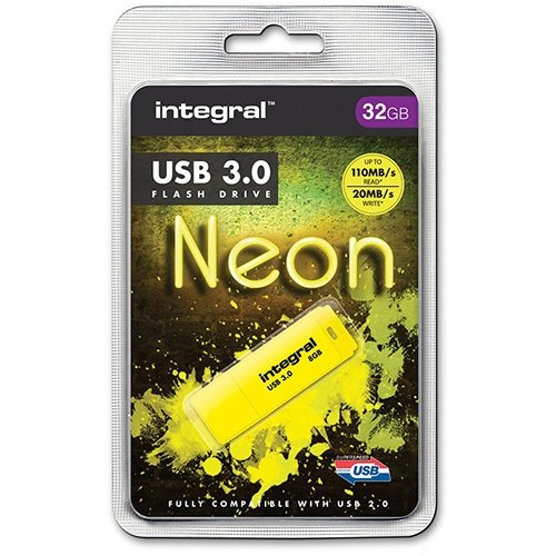 Integral Integral Neon USB 3.0 stick, 32 GB, geel