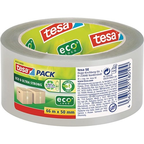 Tesa Tesapack eco & ultra strong ecologo, 50 mm x 66 m, transparant — levering per 6