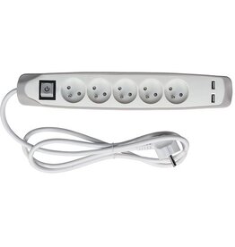 Perel Perel contactdoos met 5 stopcontacten, 2 USB en schakelaar, 1,5 m, wit/grijs, voor NL