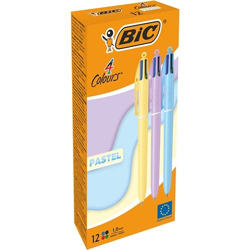 Bic Bic Colours Pastel 4-kleurenbalpen, medium, klassieke inktkleuren, µdoos van 12 stuks