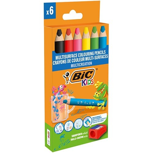 Bic Kids Bic Kids kleurpotlood Multisurface, assorti, etui van 6 stuks + slijper