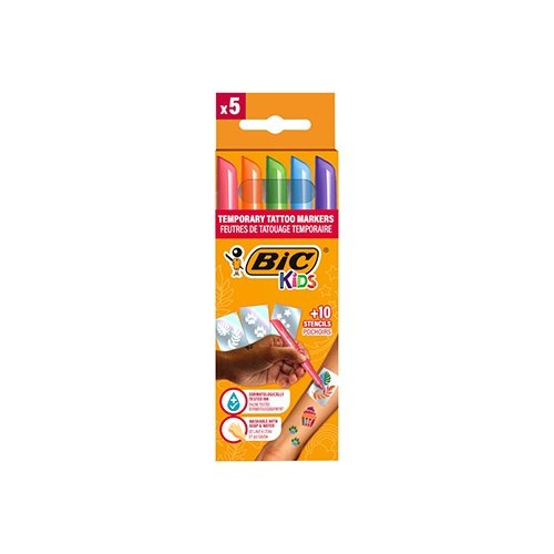 Bic Kids Bic Kids tattoo marker set, assorti, set van 5 pennen en 10 stencils