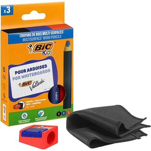 Bic Kids Bic Kids potlood voor whiteboards Multisurface, assorti, etui van 3 stuks + slijper en doek