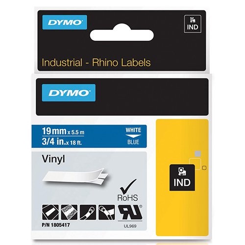 Dymo Dymo RHINO vinyltape 19 mm, wit op blauw