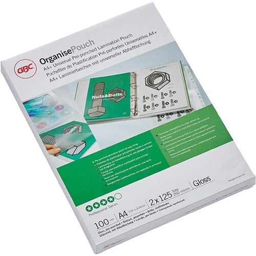 GBC GBC Organise lamineerhoes ft A4, 250 micron (2 x 125 micron), geperforeerd, pak van 100 stuks
