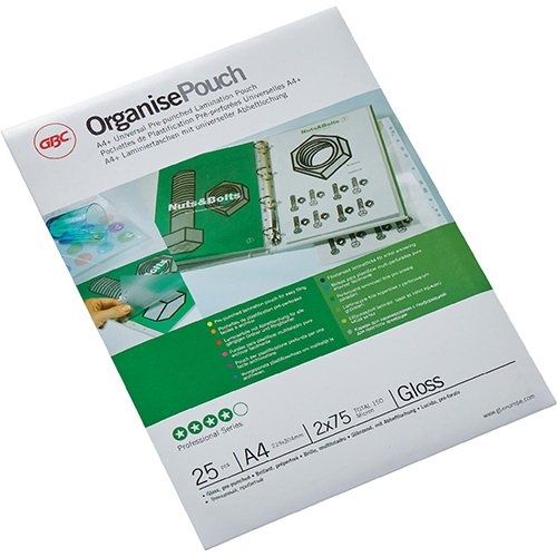 GBC GBC Organise lamineerhoes ft A4, 150 micron (2 x 75 micron), geperforeerd, pak van 25 stuks