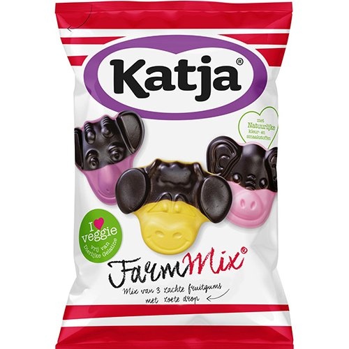 Katja Katja Farm Mix snoep, mix van 3 zachte fruitgums met zoete drop, zak van 255 g