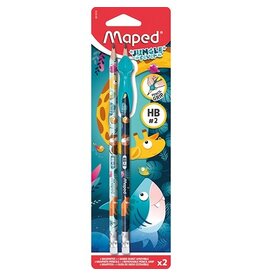 Maped Maped grafietpotlood Jungle Fever HB met gom, + leerhulpmiddel, blister van 2 stuks, assorti