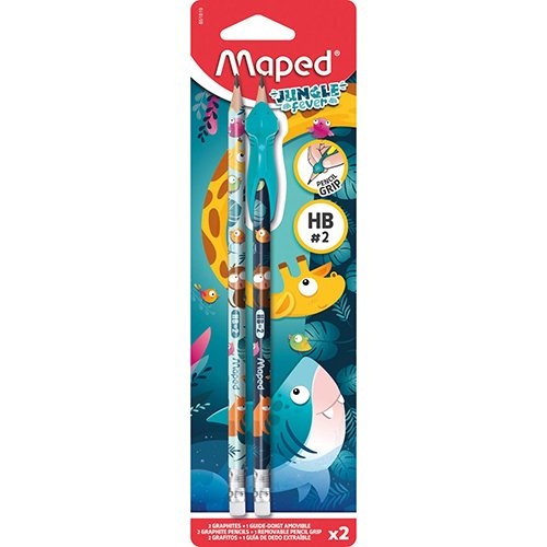 Maped Maped grafietpotlood Jungle Fever HB met gom, + leerhulpmiddel, blister van 2 stuks, assorti