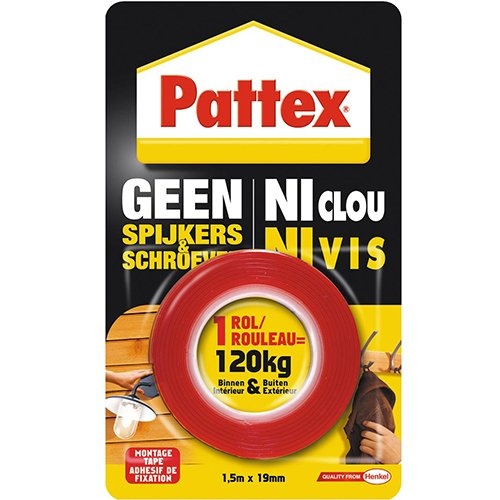 Pattex Pattex montagetape Geen Spijkers & Schroeven, ft 1,5 m x 19 mm, draagt tot 120 kg, blisterverpakking