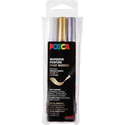 Posca Posca paintmarker PCF-350, brush tip, étui van 3 stuks, assorti (goud, zilver en wit)