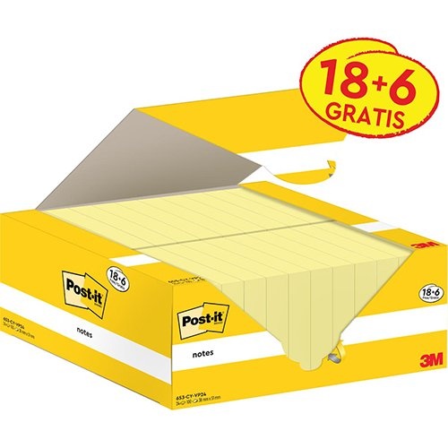 Post-it Post-it Notes, 100 vel, ft 38 x 51 mm, kanariegeel (canary yellow), 18 blokken + 6 GRATIS