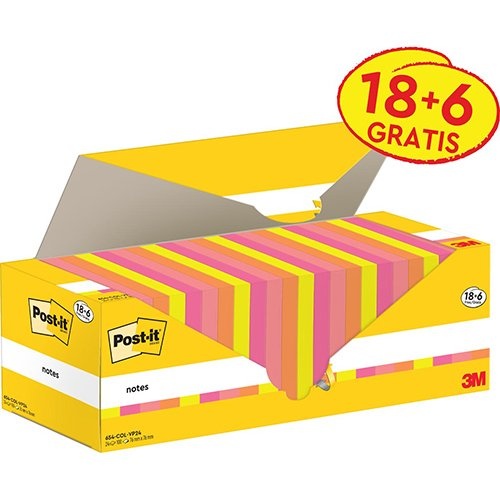 Post-it Post-it Notes, 100 vel, ft 76 x 76 mm, assorti, 18 blokken + 6 GRATIS