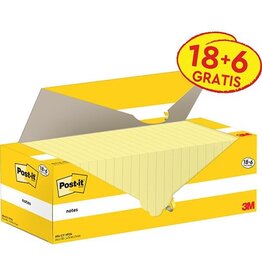 Post-it Post-it Notes, 100 vel, ft 76 x 76 mm, kanariegeel (canary yellow), 18 blokken + 6 GRATIS