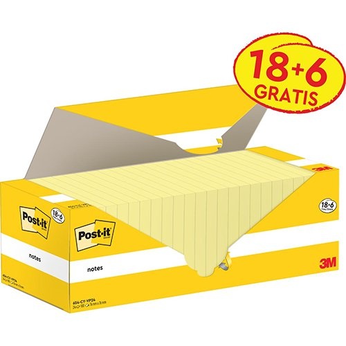Post-it Post-it Notes, 100 vel, ft 76 x 76 mm, kanariegeel (canary yellow), 18 blokken + 6 GRATIS