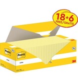 Post-it Post-it Notes, 100 vel, ft 76 x 127 mm, kanariegeel (canary yellow), 18 blokken + 6 GRATIS