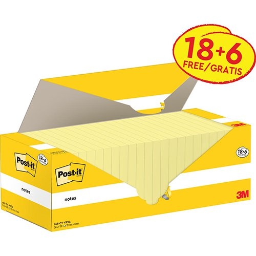 Post-it Post-it Notes, 100 vel, ft 76 x 127 mm, kanariegeel (canary yellow), 18 blokken + 6 GRATIS