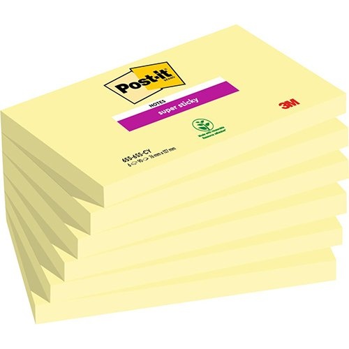 Post-It Super Sticky Post-it Super Sticky notes, 90 vel, ft 76 x 127 mm, pak van 6 blokken, kanariegeel