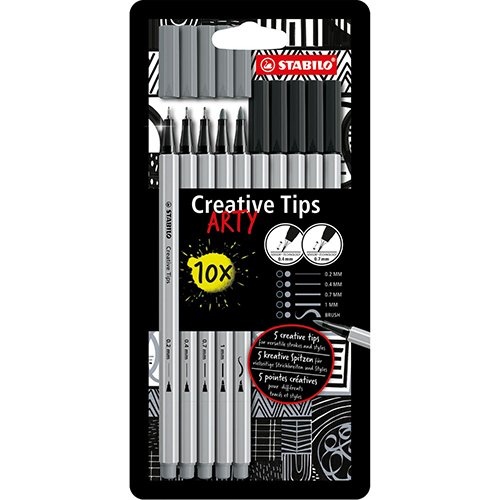 Stabilo STABILO Creative Tips ARTY fineliner, geassorteerde punten, pak van 10 stuks, grijs/zwart