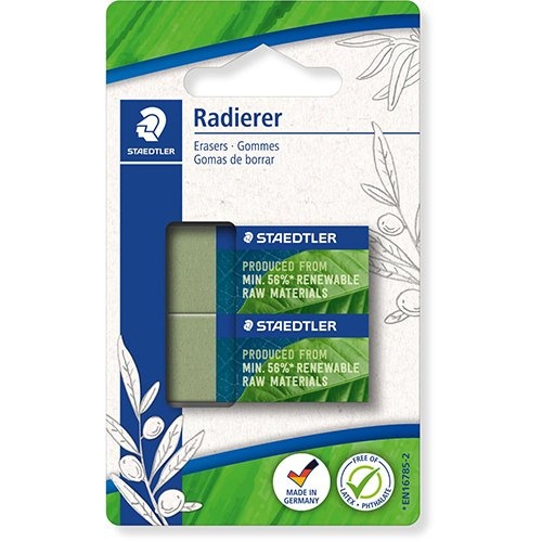 Staedtler Staedtler gum Eco, olijfgroen, ft  43 x 19 x 13 mm, blister van 2 stuks