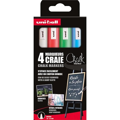 Uni-ball Uni-ball krijtmarker, ronde punt 1,8 - 2,5 mm, etui van 4 stuks, assorti