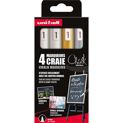Uni-ball Uni-ball krijtmarker, ronde punt 1,8 - 2,5 mm, etui van 4 stuks, assorti