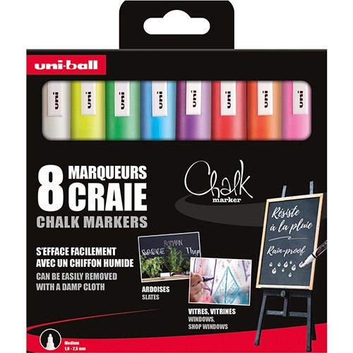 Uni-ball Uni-ball krijtmarker, ronde punt 1,8 - 2,5 mm, etui van 8 stuks, assorti