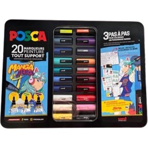 Posca Posca paintmarkers, metalen doos van 20 stuks, assorti, ontwerp Manga