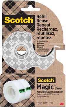 Scotch Scotch duurzame dispenser uit RVS, met 2 rolletjes Scotch Magic Tape ft 19 mm x 13,9 m