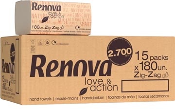 Renova Renova Love & Action papieren handdoeken, Z-vouw, 2-laags, 180 vellen, pak van 15 stuks