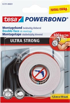 Tesa Tesa Powerbond montagetape Ultra strong, dubbelzijdig, ft 19 mm x 5 m, wit, op blister