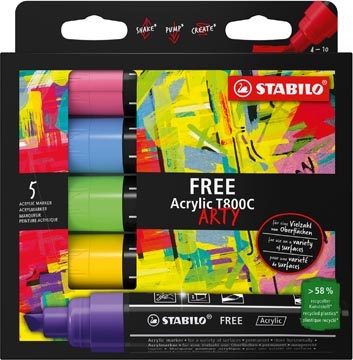 Stabilo STABILO free acrylmarker T800 Seaside, schuine punt, 4-10 mm, geassorteerde kleuren, pak van 5 stuks
