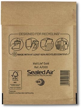Mail Lite luchtkussenenveloppen, goud, A/000, 110 x 160 mm, doos van 200 stuks