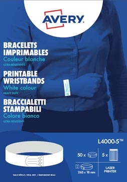 Avery Avery bedrukbare polsbandjes, ft 18 x 265 mm, wit, pak van 50 etiketten