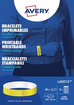 Avery Avery bedrukbare polsbandjes, ft 18 x 265 mm, geel, pak van 50 etiketten