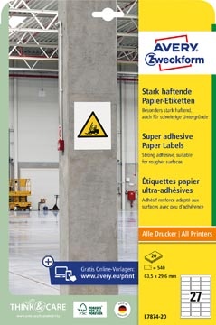 Avery Zweckform Avery sterk klevende papieren etiketten, ft 63,5 x 29,6 mm, pak van 540 etiketten