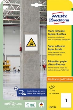 Avery Zweckform Avery sterk klevende papieren etiketten, ft 210 x 297 mm, pak van 20 etiketten
