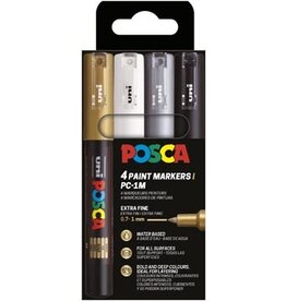 Posca Uni POSCA paintmarker PC-1MC, 0,7 - 1 mm, etui van 4 stuks, goud, zilver, wit en zwart