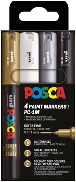 Posca Uni POSCA paintmarker PC-1MC, 0,7 - 1 mm, etui van 4 stuks, goud, zilver, wit en zwart