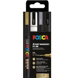 Posca Uni POSCA paintmarker PC-3M, 1,5 mm, etui van 4 stuks in goud, wit, zilver en zwart